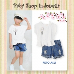 large PU433 Setelan Baju Anak Import Murah Blouse Anak Batwing Celana Sobek Putih